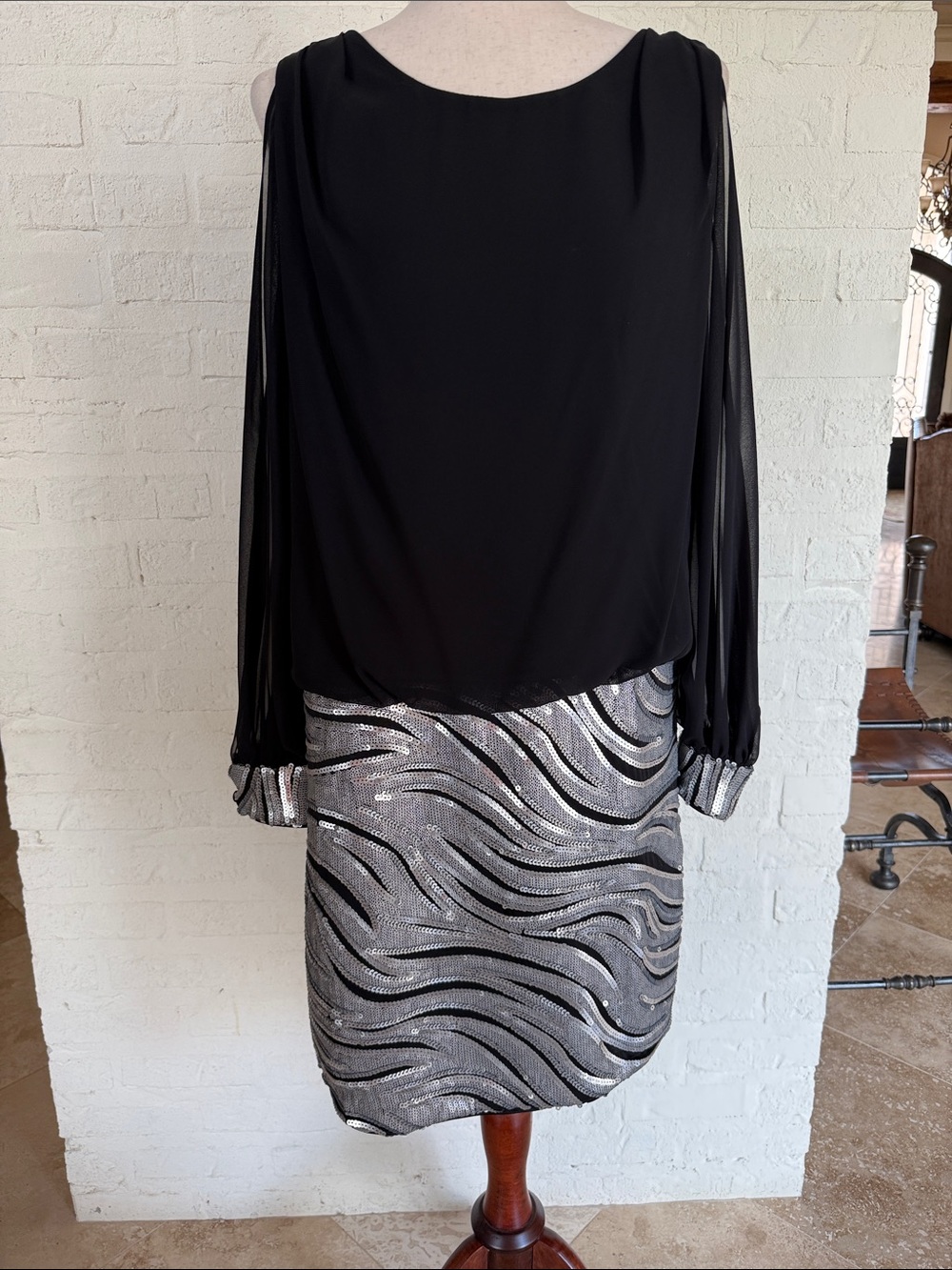 Black Chiffon with Silver Sequin Zebra Skirt bottom. Dress
